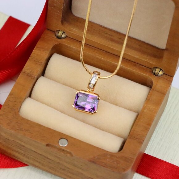 "Elegant Purple Emerald Cut Pendant with Gold Plated Baguette Bail, XPPT1779 - Picture 6 of 13